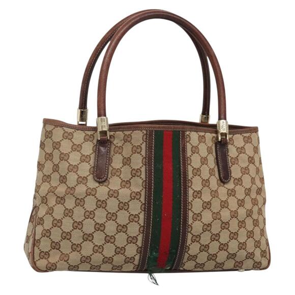 GUCCI GG Canvas Web Sherry Line Hand Bag Beige Gold Red - Picture 1 of 16